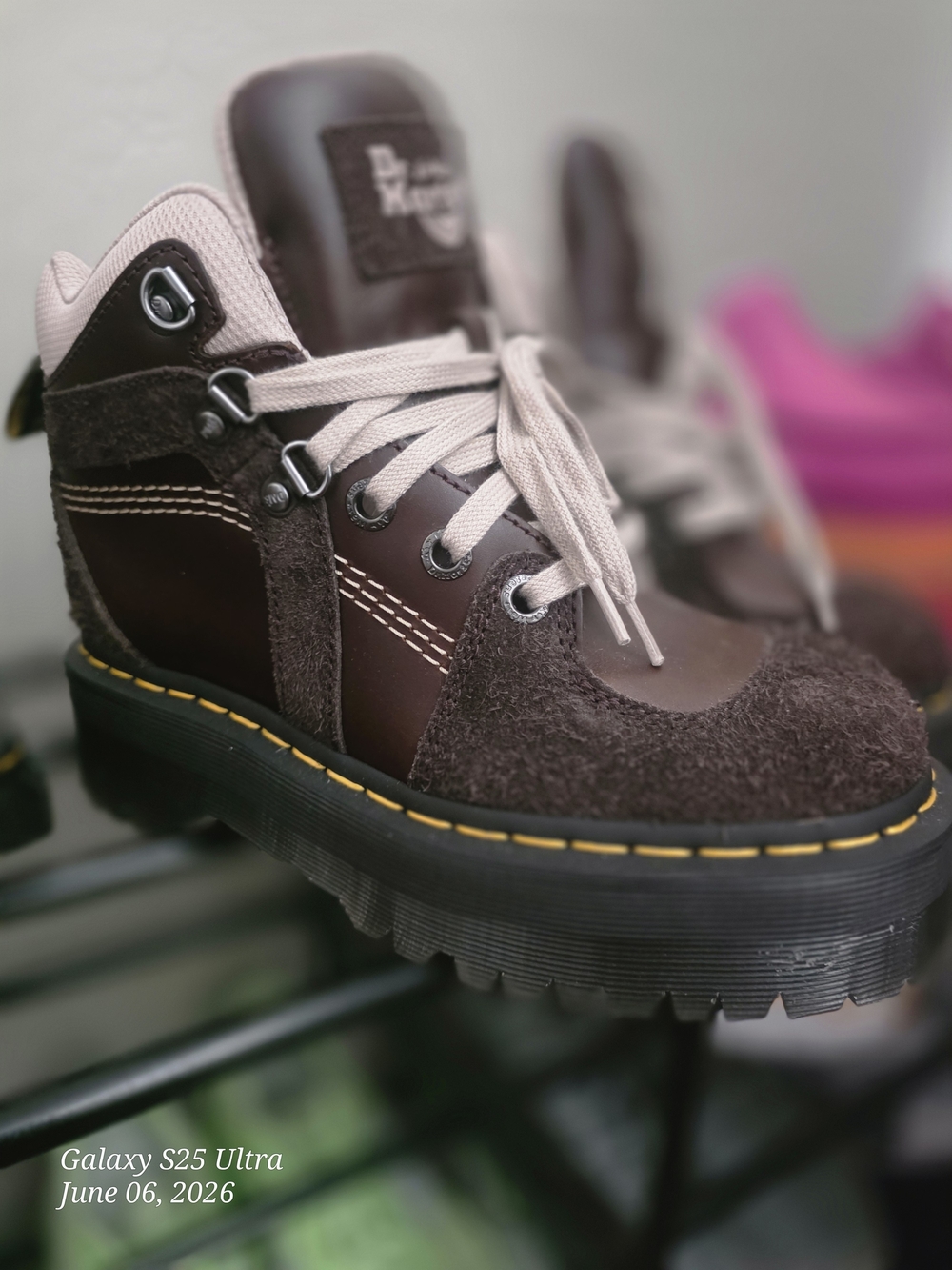 Dr. Martens Brown Suede & Leather Combat Boots with Cream Laces